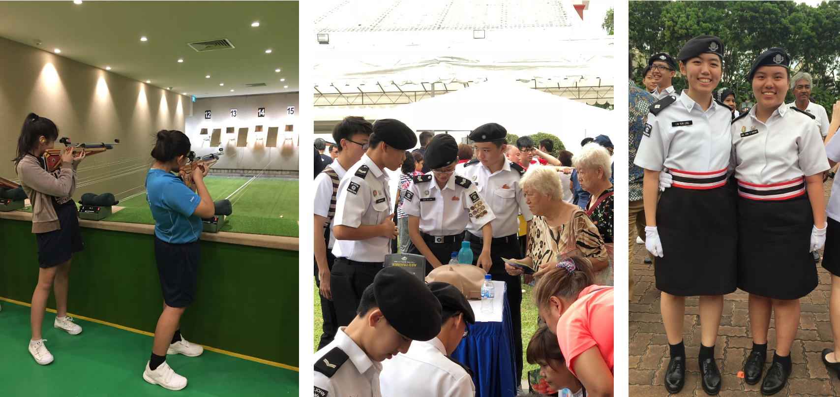 Three scenes: NV St John Brigade cadets at a shooting range,at an AED training booth, and two NV St John Brigade cadets posing outdoors.